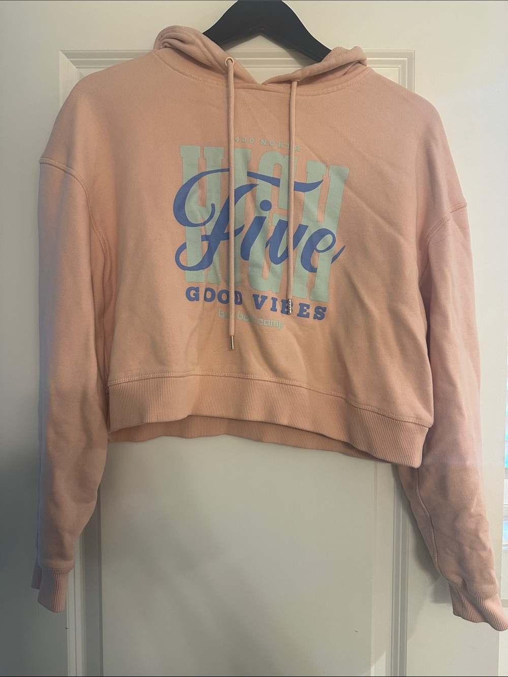 Peach Cropped Hoodie with 'High Five Good Vibes' Graphic
